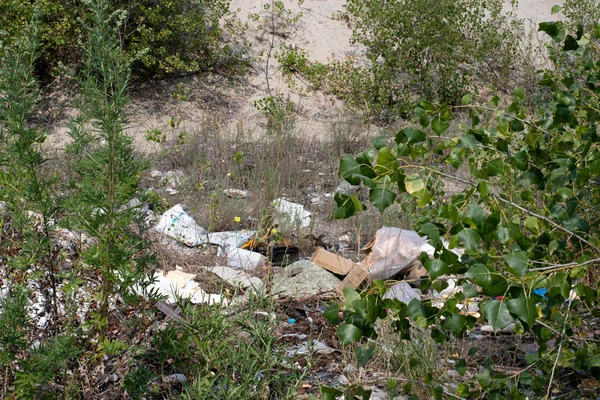 자연의 더러운 쓰레기 더미, 오염, 플라스틱. 인간이 지구의 생태계에 미친 영향. — 스톡 사진