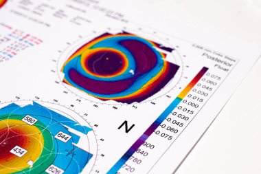 25.07.2020, Zarorizhzhya. Göz korneasının topografisi, tasarım. Sağ gözün Keratoconus 'u 3. derece, sol göz ise 2 derece..