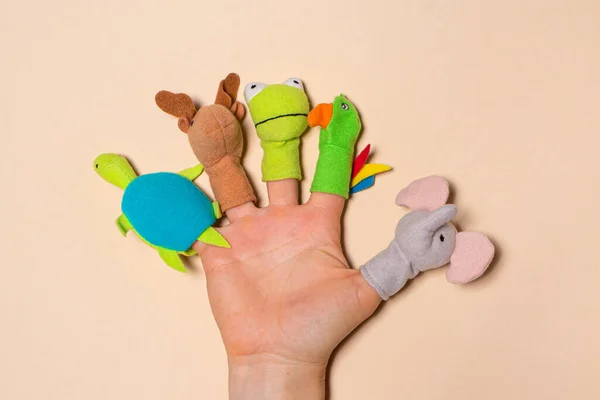 Fingers Toys Made Fabric Hand Beige Background Fingers Theatre — Stock Photo, Image