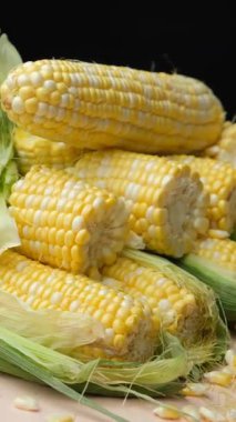 Canlı sarı çekirdekleri olan çiğ taze mısır koçanları.