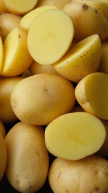 Taze çiğ patatesler yarı yarıya dikey kesim.