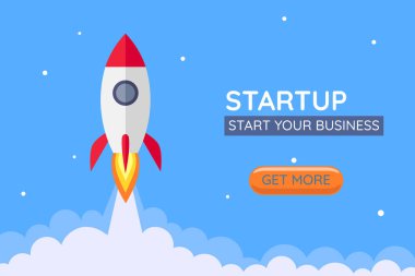 Gökyüzündeki roket basit, düz, kalın iniş web sayfası şablonunu başlatıyor. Vektör illüstrasyonu