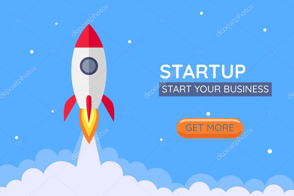 Rocket on the sky startup simple flat bold landing webpage template. Vector illustration