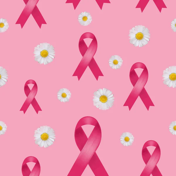 Göğüs kanseri pembe kurdele. Pembe arka planda papatya deseni var..