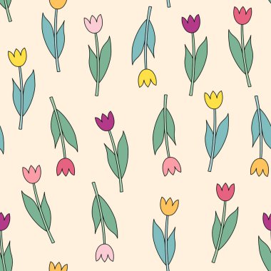 Pembe, menekşe, sarı, turuncu laleler pastel arka planda pürüzsüz desen