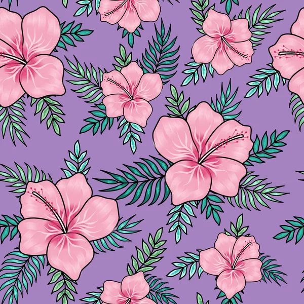 Рожеві гібіскуси з листям пальми на фіолетовому фоні — стокове фото