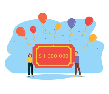 Mutlu adam ve kadın elinde bir milyon dolarlık bir çek tutuyorlar. Piyango kazancı ya da bağış konsepti. Düz tasarımda vektör illüstrasyonu.
