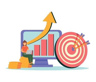 İş görüşü, iş kadınının büyük hedefi, Kalite Geliştirme Konsepti. Vektör çizimi. Doğru pazarlama hedefini belirleyerek organizasyonel başarı elde etmek için düz tasarım konsepti çalışması. Vektör illüstrasyonları.