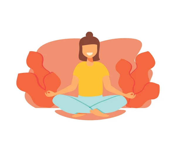 自然の中で瞑想と葉の女性 リラックス レクリエーション 健康的なライフスタイルのためのコンセプトイラスト 平面漫画風のベクトルイラスト — ストックベクタ