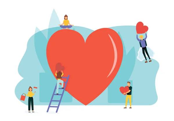 Vektorillustration Vorbereitung Auf Den Valentinstag Teamarbeit Großes Herz Liebesfeiertagssymbol Vector — Stockvektor