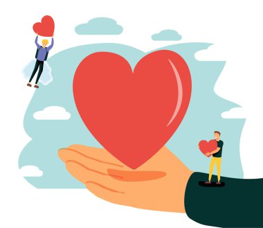 El ele tutuşan aşk sembolü, yassı küçük insan vektör çizimi. Sadaka ve gönüllü aktivite konsepti. Sosyal destek ve farkındalık kampanyası. Soyut umut ve koruma sanat eserleri.