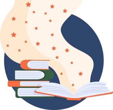 Uluslararası Edebiyat Günü düz stil içinde sevimli yıldızlar olan açık kitap illüstrasyonları. Çocuk eğitimi ya da öğrenme etkinliği için hayal gücü kavramı.