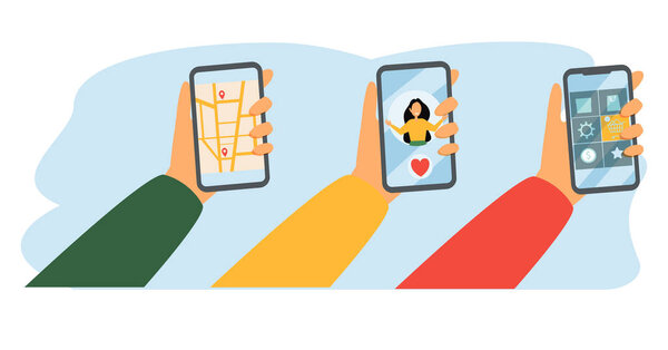 Набор рук, которые держат смартфоны с различными изображениями. Общение, концепция социальных сетей. Стилизованная векторная иллюстрация вручную для мобильных приложений или веб-сайтов и дизайна баннеров
