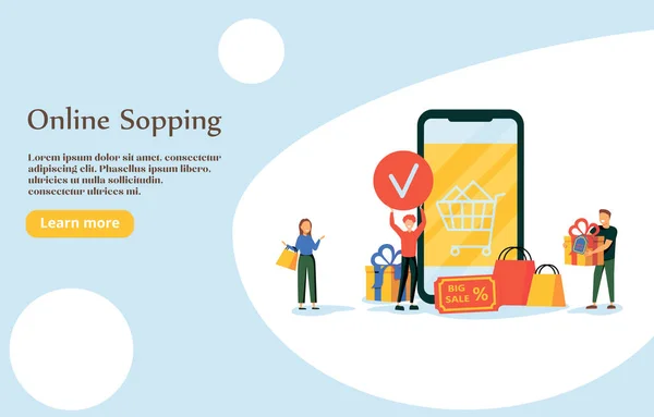 这对快乐的夫妇一起上网购物 提着购物袋 他们用智能手机上的一个零售应用程序 在一家虚拟商店里购物 — 图库矢量图片