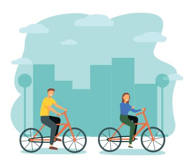 Erkek ve Kadın Karakterler Şehir Arkaplanında Bisiklete Biniyor. Aktif İnsanlar Parkta Bisiklet Sürmekten Hoşlanıyor. Sağlıklı