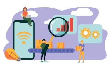 Vektör illüstrasyonu, işçilerle, otomasyonla ve kullanıcı arayüzü konseptiyle bir üretim hattı: kullanıcı bağlantısı