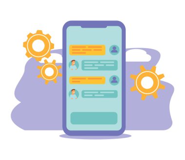  Chatbot vektör çizimi. Düz, küçük, sanal, akıllı telefon sohbeti insanları konsepti. Kullanıcı yazışmaları için yapay zeka robot asistanı. Soru ya da cevap servisi simülasyonu. Yapay yazılım tartışması. Vektör illüstrasyonu