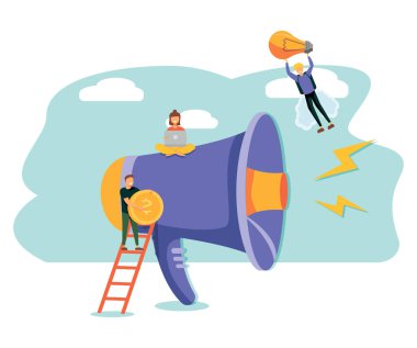 İş Reklamcılığı Tanıtımı. Hoparlör kalabalığa konuşuyor. Big Megafhone ve Flat People Karakterleri Reklam Pazarlama Konsepti. Vektör çizimi. İş iletişimi duyurusu. Vektör illüstrasyonu