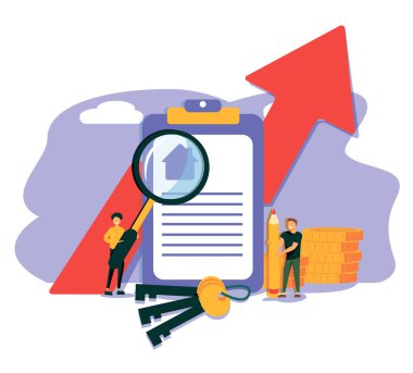 Karakter İpotek Evi ve Emlakçıyla El sıkışma. İnsanlar emlak sektörüne para yatırıyor. Ev kredisi, kira ve ipotek konsepti. Düz Isometric Vektör Çizimi. Vektör illüstrasyonu