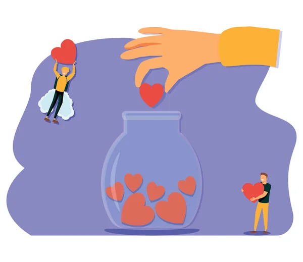 Support Concept Flat Tiny Volunteer Persons Vector Illustration Donation Jar — Stock Vector