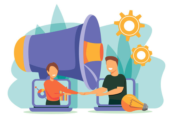 заключение сделки в режиме онлайн. открытие нового стартапа. деловое рукопожатие по телефону и ноутбуку. векторная иллюстрация в плоском стиле инвестора держит деньги в идеях в Интернете. - Вектор. Векторная иллюстрация
