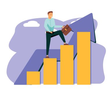  Vektör illüstrasyonu, kariyer yükselişi, düz renk simgeleri, iş adamlarının ipe tırmanması, iş analizi-vektörü. Vektör illüstrasyonu