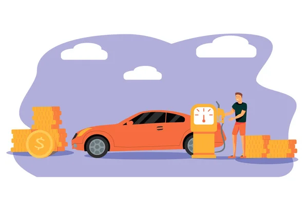 Concepto Economía Petrolera Repostaje Coches Estación Combustible Man Pumping Gasoline — Vector de stock