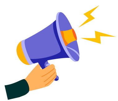 Lütfen dikkat. El ele tutuşan megafon. Hoparlör, hoparlör. Reklam ve terfi sembolü. Megafon çizgi filmi. Sosyal medya pazarlama kavramı. Vektör çizimi düz tasarım. İniş sayfası şablonu.