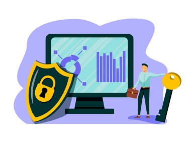 Vektör renkli illüstrasyon, bir web sayfası, kodlama, programlama için bilgisayar verilerini koruma kavramı.