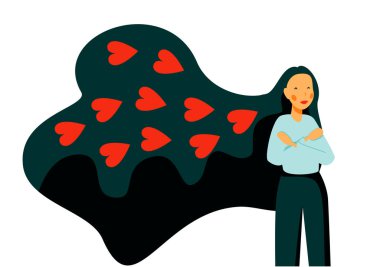 ..Uzun saçlı, kalbi olan tatlı bir kız. Kendine dikkat et, kendini sev ikon ya da vücut pozitifliği kavramı. Mutlu kadın ona sarılıyor.