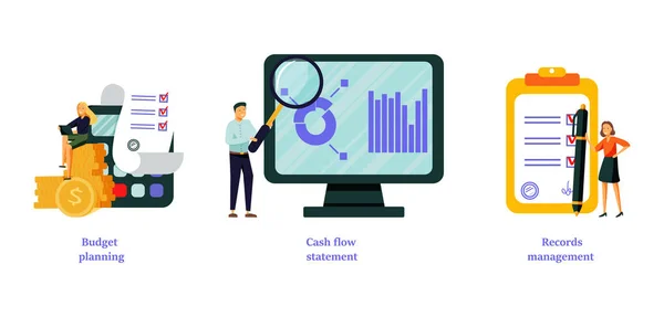 Estimation des économies, système d'organisation des fichiers, icônes des rapports financiers. Planification budgétaire, gestion des dossiers — Image vectorielle