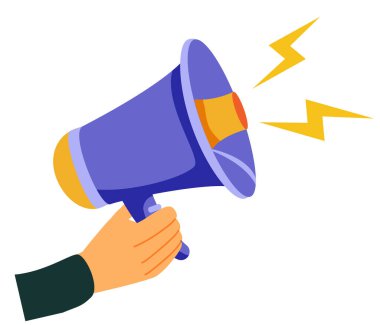 Lütfen dikkat. El ele tutuşan megafon. Hoparlör, hoparlör. Reklam ve terfi sembolü. Megafon çizgi filmi. Sosyal medya pazarlama kavramı. Vektör çizimi düz tasarım. İniş sayfası şablonu.