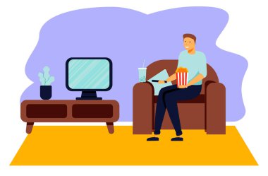 Kanepede oturup televizyon izleyen bir adamın çizgi film çizimi. İzole edilmiş arka planda komik karakterler. Erteleme, beyaz arka planda hafta sonu konsepti.
