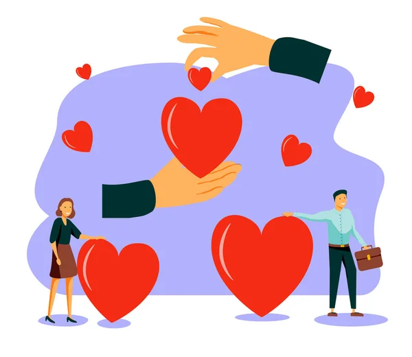 Love Heart Symbol Holding Hands Flat Tiny Person Vector Illustration — Stock Vector