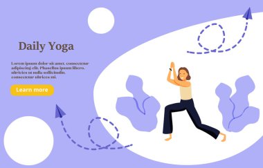 Günlük yoga konsepti illüstrasyonu, web tasarımı için mükemmel afiş, mobil uygulama, iniş sayfası, vektör düz çizim. Evde spor yapan genç bir kadın..