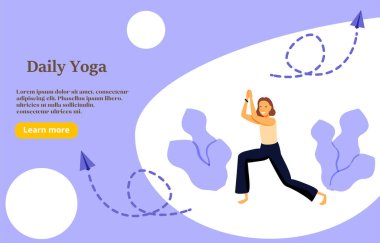 Daily yoga concept illustration, perfect for web design, banner, mobile app, landing page, vector flat illustration. Young woman doing sports workout at home. clipart