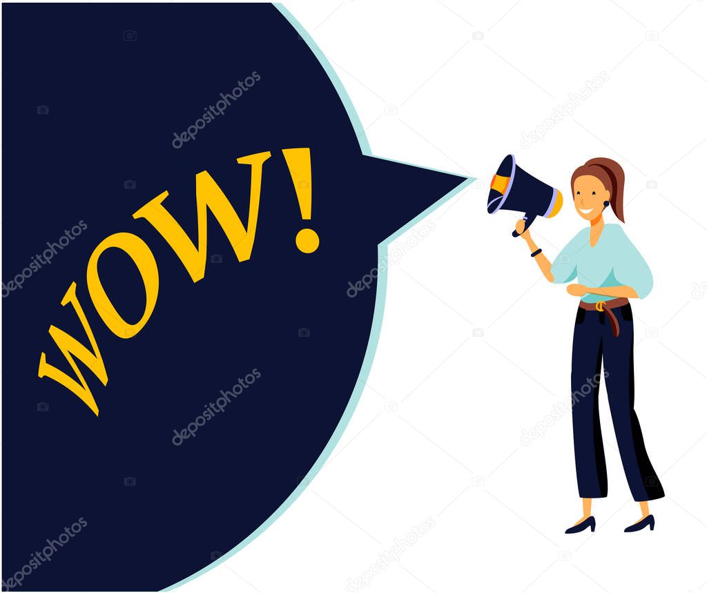 Cartoon vector illustration of Advertising Promotion. Woman character shout in vintage loudspeaker, big megaphone advertisement marketing concept. Announcement business communication.
