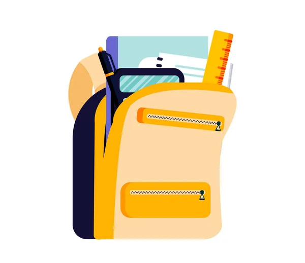 装有文具的书包 回到学校的广告海报模板 橙色大学生背包 带有铅笔和钢笔的矢量设备 — 图库矢量图片