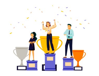 İş dünyasının başarı, liderlik, ödüller, kariyer, başarılı projeler, amaç, kazanma planı, rekabet. Web afişi için yaratıcı düz tasarım, iş materyali.