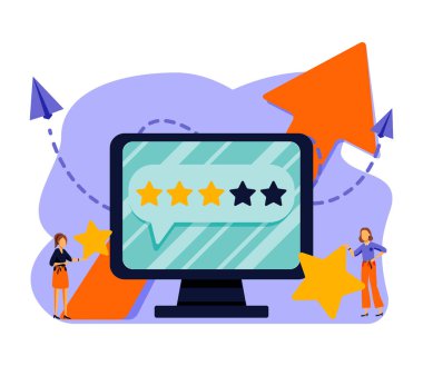 Beyaz arkaplanda vektör çizimi. En iyi performans tahmini, 5 puan. İnsanlar geri bildirim ve yorum bırakırlar, başarılı iş en yüksek puandır. - Vektör