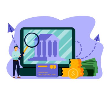 Ekranda banka binası olan bir kadın bilgisayarın önünde duruyor. E-bankacılık, İnternet, İnternet veya İnternet kavramı