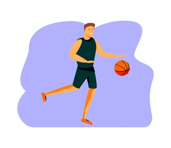 농구 선수는 뛰어내려 농구 바구니를 던졌다. 증권 벡터 플랫 일러스트와 검은 머리 남자 또는 — 스톡 벡터