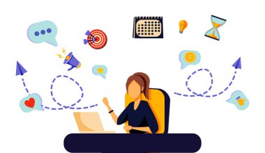 Dizüstü bilgisayarında oturan, arka planda ofis simgeleri olan mutlu iş kadını. Serbest çalışan.