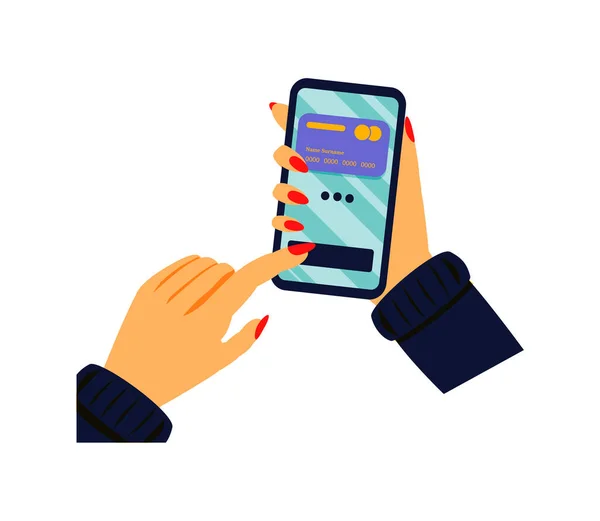 Pagar con tarjeta de crédito a través de billetera electrónica de forma inalámbrica en el teléfono. Nueva aplicación de banca móvil e ilustración de vectores de pago electrónico — Archivo Imágenes Vectoriales