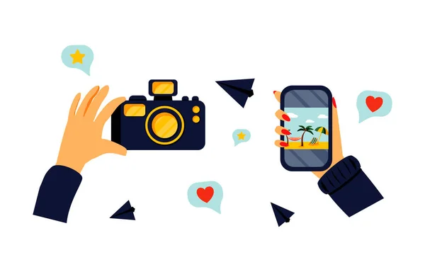 Set Van Cartoon Stijl Handen Met Een Fotocamera Smartphone Goed — Stockvector