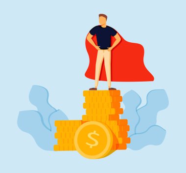 Mavi arka planda izometrik vektör görüntüsü, takım elbiseli bir adam ve bir süper kahraman yağmurluğu büyük bir çanta dolusu para ile çalışır, hızlı finansal yardım