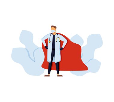 Tıbbi maske ve pelerin takan süper doktor, süper kahraman çift, vektör karikatür çizimi