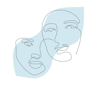 Sürekli çizgi, set yüzleri ve saç stili çizimi, moda konsepti, kadın güzellik minimalisti, tişört için vektör illüstrasyonu, slogan tasarım grafikleri tarzı