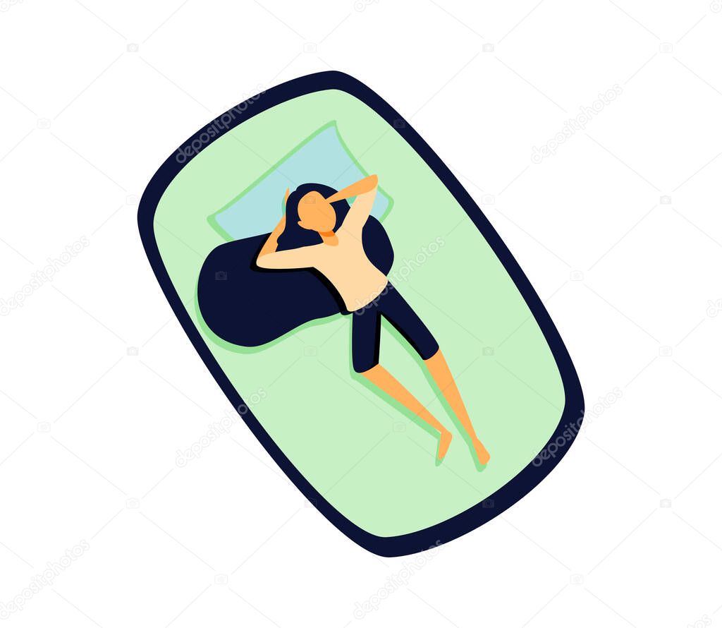 Dream in a hot summer night. Young woman sleeping in bed without a blanket. Female cartoon character lying in a comfortable pose during night slumber. Top view. Vector illustration in flat style.