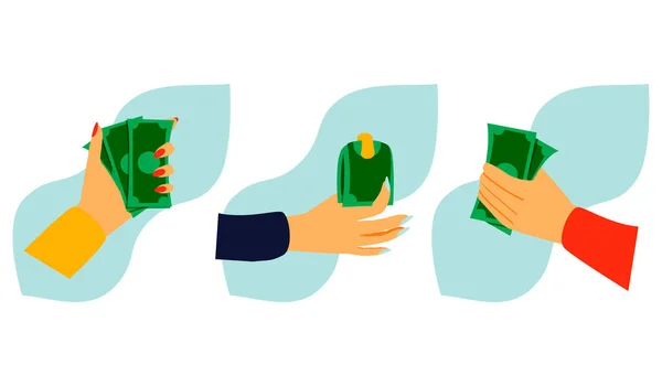 Women Hands Green Money Credit Card Cool Manicure Rings Golden — Stock Vector
